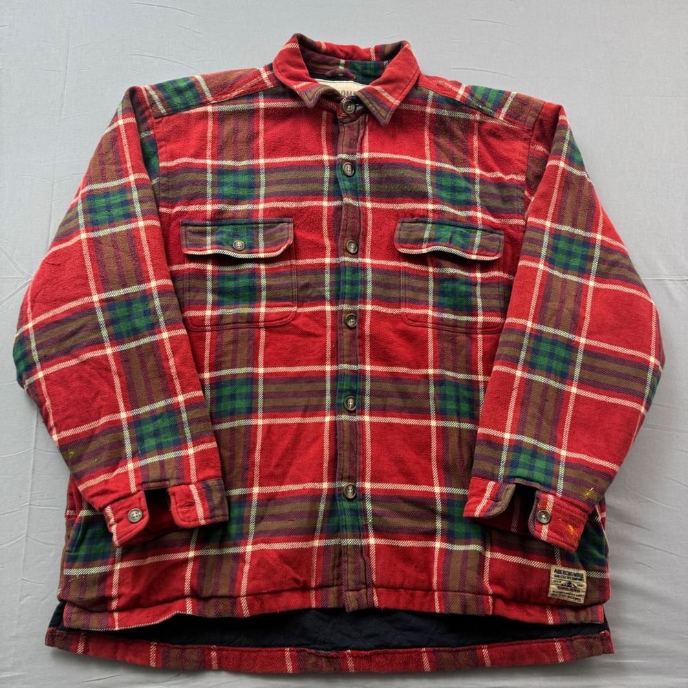 Abercrombie & Fitch Mens Large Quilted Flannel Shirt Jacket Red Plaid Shacket